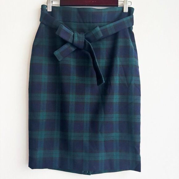 Ann Taylor Blackwatch Plaid Green Blue Tie Waist Pencil Skirt 4 - Picture 3 of 4